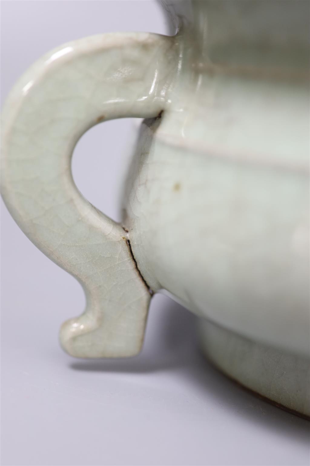 A Chinese Guan type crackleware censer, 22cm diameter including handles